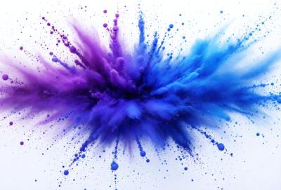 The primary subject of the image is a purple and blue explosion, which appears to be a digital art or illustration. The setting is a white background, and the visual style gives the impression of a colorful and vibrant explosion. The dominant colors in the image are purple and blue, creating a lively and energetic atmosphere.