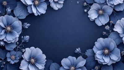 The primary subject of the image is a blue background with a circle of flowers. The flowers are blue and white, and they are arranged in a circular pattern. The setting is a blue background, which creates a calm and serene atmosphere. The visual style is a combination of digital art and illustration, as the flowers are depicted in a detailed and realistic manner. The colors and mood of the image are predominantly blue, which adds to the overall tranquil and soothing ambiance.