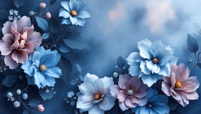 The primary subject of the image is a beautiful bouquet of blue flowers, which are the main focus of the scene. The flowers are arranged in a visually appealing manner, creating a sense of harmony and tranquility. The setting is a cloudy sky, which serves as a stunning backdrop for the flowers. The visual style of the image is a combination of photo and digital art, resulting in a vibrant and realistic representation of the flowers. The dominant colors in the image are blue and white, which contribute to