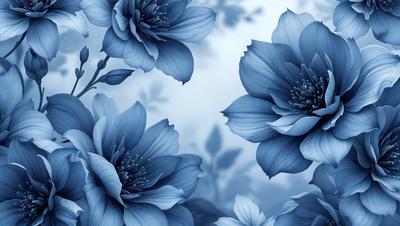 The primary subject of the image is a group of blue flowers. The setting is a blue background, which creates a visually striking contrast with the flowers. The visual style is a digital art or illustration, as the flowers are depicted in a detailed and realistic manner. The dominant colors are blue and white, giving the image a calm and serene atmosphere.