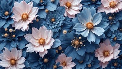 The primary subject of the image is a blue flower, which is the main focus of the scene. The setting is a blue background, which creates a visually appealing contrast with the flower. The visual style of the image is a close-up of the flower, showcasing its details and texture. The dominant colors in the image are blue and white, giving it a calm and serene atmosphere.