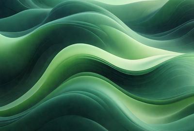 The primary subject of the image is a large, colorful, and intricate green wave pattern. The setting is a dark background, which contrasts with the vibrant green color of the wave. The visual style is a combination of digital art and illustration, creating a unique and eye-catching design. The dominant colors are green and dark, giving the image a moody and dramatic atmosphere.
