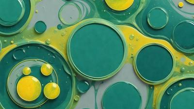 The primary subject of the image is a green circle with yellow and orange circles surrounding it. The setting is a gray background, and the visual style appears to be a combination of digital art and illustration. The dominant colors are green, yellow, and orange, creating a vibrant and lively atmosphere.