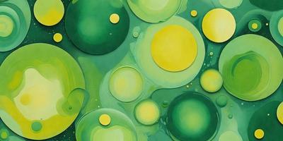 The primary subject of the image is a painting featuring a variety of green and yellow circles. The setting is a canvas, and the visual style is a painting. The dominant colors in the painting are green and yellow, creating a lively and vibrant atmosphere.