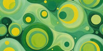 The primary subject of the image is a green and yellow painting featuring a pattern of circles. The setting is a wall, and the visual style appears to be a digital art or illustration. The dominant colors in the painting are green and yellow, creating a lively and vibrant atmosphere.