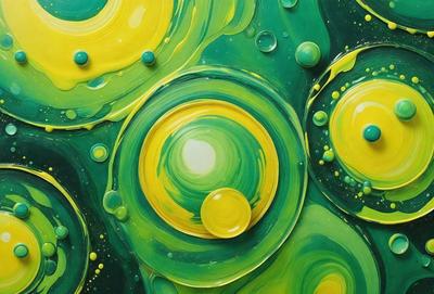 The primary subject of the image is a close-up of a green and yellow painting, featuring a mix of colors and patterns. The setting is a painting on a canvas, and the visual style appears to be a combination of digital art and illustration. The dominant colors in the painting are green and yellow, creating a vibrant and lively atmosphere.