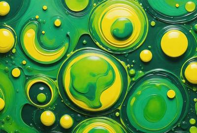 The primary subject of the image is a close-up of a green and yellow painting, featuring a pattern of circles. The setting is a painting, and the visual style is a mix of digital art and illustration. The dominant colors are green and yellow, creating a lively and vibrant atmosphere.