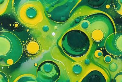 The primary subject of the image is a close-up of a green and yellow painting. The painting features a variety of circles and blobs, creating a visually interesting and dynamic composition. The setting appears to be an art gallery or a personal collection, as the painting is displayed on a wall. The visual style of the painting is a mix of digital art and traditional painting techniques, resulting in a unique and captivating piece of art. The dominant colors in the painting are green and yellow, which contribute to a lively and vibrant