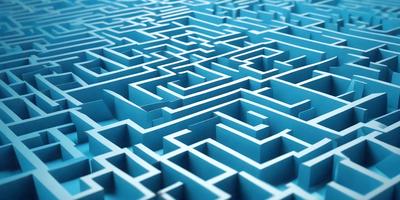 The primary subject of the image is a blue, three-dimensional maze. The setting is a blue background, which creates a visually striking contrast with the maze. The visual style is a combination of digital art and illustration, giving the maze a unique and intricate appearance. The colors and mood of the image are predominantly blue, which adds to the overall atmosphere of the maze.