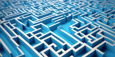 The primary subject of the image is a blue and white maze. The setting is a blue background, and the visual style is a digital art or illustration. The colors and mood of the image are predominantly blue and white, creating a sense of depth and intricacy in the maze design.