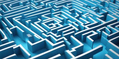 The primary subject of the image is a blue, three-dimensional maze. The setting is a blue background, and the visual style is a digital art or illustration. The colors and mood of the image are predominantly blue, creating a calm and intriguing atmosphere.