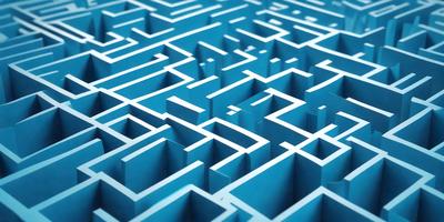 The primary subject of the image is a blue, three-dimensional maze. The setting is a blue background, which creates a visually striking contrast with the maze. The visual style is a combination of digital art and illustration, giving the maze a unique and intricate appearance. The colors and mood of the image are predominantly blue, which adds to the overall atmosphere of the maze.