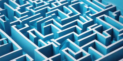 The primary subject of the image is a blue, three-dimensional maze. The setting is a blue background, which creates a visually striking contrast with the maze. The visual style is a combination of digital art and illustration, giving the maze a unique and intricate appearance. The colors and mood of the image are predominantly blue, which adds to the overall atmosphere of the maze.