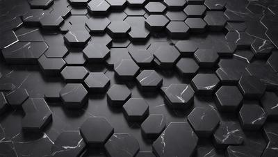 The primary subject of the image is a black and white pattern of hexagonal shapes, which are arranged in a honeycomb-like pattern. The setting is a black background, which contrasts with the shapes, creating a visually striking composition. The visual style is a combination of digital art and illustration, as the shapes are intricately arranged and the overall effect is a modern and minimalist design. The colors and mood of the image are predominantly black and white, with a touch of contrasting shades, giving