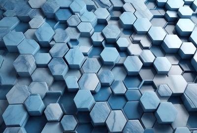 The primary subject of the image is a blue and white marble pattern. The setting is a blue background, and the visual style appears to be a digital art or illustration. The dominant colors are blue and white, creating a clean and modern atmosphere.