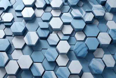The primary subject of the image is a blue and white marble wall with a pattern of hexagonal shapes. The setting is a room with a blue and white marble wall, which serves as the background. The visual style is a close-up of the marble wall, showcasing the intricate pattern of hexagonal shapes. The colors and mood of the image are predominantly blue and white, creating a clean and elegant atmosphere.