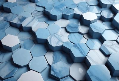 The primary subject of the image is a blue and white marble tile pattern. The setting is a blue and white marble tile wall, which serves as the background. The visual style is a close-up of the marble tile pattern, showcasing the intricate design. The dominant colors are blue and white, creating a clean and elegant atmosphere.