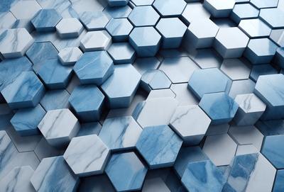 The primary subject of the image is a blue marble wall with a pattern of blue hexagons. The setting is a room with a blue marble wall as the main focus. The visual style is a close-up of the blue marble wall, showcasing the intricate pattern of blue hexagons. The colors and mood of the image are predominantly blue, creating a calm and serene atmosphere.