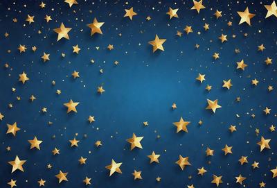 The primary subject of the image is a starry night sky with a blue background. The setting is a dark, star-filled night, and the visual style is a digital art or illustration. The colors and mood of the image are predominantly blue and gold, creating a serene and peaceful atmosphere.