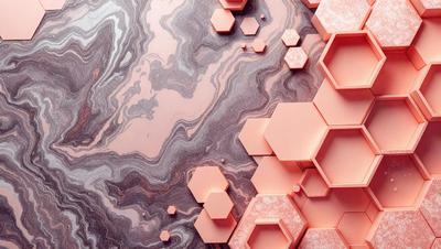The primary subject of the image is a close-up of a marbled surface, which appears to be a combination of pink and brown colors. The setting is a rocky, textured environment, possibly a stone wall or a natural formation. The visual style is a mix of photo and digital art, creating a unique and intriguing appearance. The dominant colors are pink and brown, giving the image a warm and earthy tone.