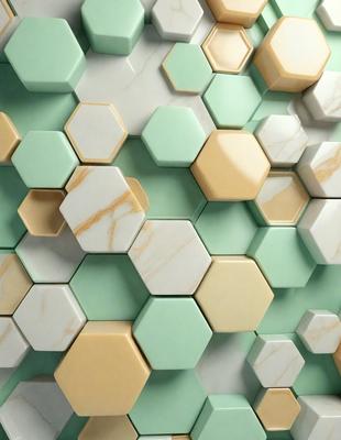 The primary subject of the image is a wall with a pattern of hexagonal tiles. The setting is a room with a green and white color scheme. The visual style is a combination of digital art and illustration, creating a unique and eye-catching design. The dominant colors are green and white, giving the wall a fresh and clean appearance.