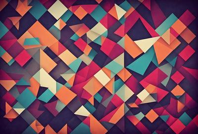 The primary subject of the image is a colorful, geometric pattern. The setting is a wall with a colorful, geometric design. The visual style is a combination of digital art and illustration. The dominant colors are red, orange, and blue, creating a vibrant and lively atmosphere.
