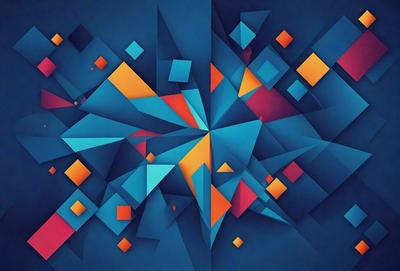 The primary subject of the image is a blue and orange geometric pattern. The setting is a blue background, and the visual style appears to be a digital art or illustration. The dominant colors are blue and orange, creating a vibrant and lively atmosphere.