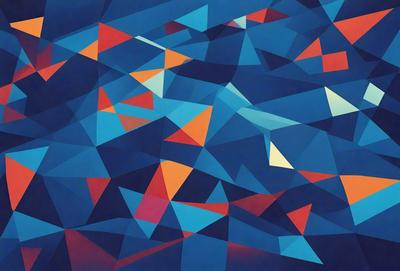 The primary subject of the image is a blue and red geometric pattern. The setting is a blue background, and the visual style appears to be a digital art or illustration. The dominant colors are blue and red, creating a vibrant and lively atmosphere.