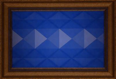The primary subject of the image is a blue wall with a pattern of triangles. The setting is a room with a wooden frame, and the visual style appears to be a digital art or illustration. The dominant colors are blue and white, creating a calm and soothing atmosphere.