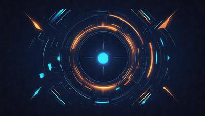 The primary subject of the image is a blue and orange circle with a blue dot in the center. The circle is surrounded by a blue and orange pattern, giving the scene a futuristic and vibrant appearance. The setting appears to be a digital art or illustration, as the colors and patterns are not found in nature. The overall atmosphere is energetic and visually appealing.