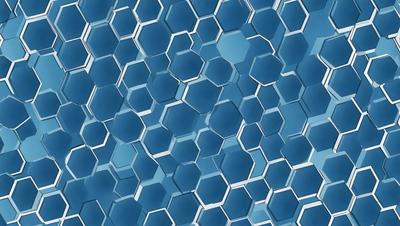 The primary subject of the image is a blue, hexagonal pattern. The setting is a blue background, and the visual style appears to be a digital art or illustration. The dominant colors are blue and white, creating a calm and soothing atmosphere.