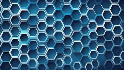 The primary subject of the image is a blue hexagonal pattern. The setting is a blue background, and the visual style appears to be a digital art or illustration. The dominant colors are blue and white, creating a calm and soothing atmosphere.