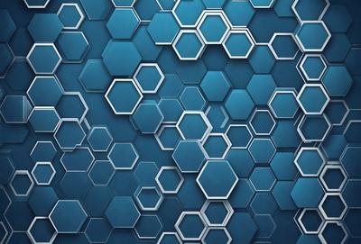 The primary subject of the image is a blue and white geometric pattern. The setting is a blue background, and the visual style appears to be a digital art or illustration. The dominant colors are blue and white, creating a clean and modern atmosphere.