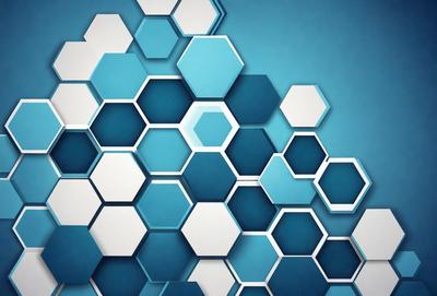 The primary subject of the image is a blue and white geometric pattern. The setting is a blue background, and the visual style appears to be a digital art or illustration. The dominant colors are blue and white, creating a clean and modern atmosphere.