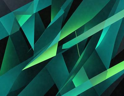 The primary subject of the image is a green and blue geometric pattern. The setting is a dark background, which contrasts with the bright colors of the pattern. The visual style appears to be a digital art or illustration, as the colors and patterns are intricate and well-defined. The overall atmosphere is vibrant and lively, with the green and blue colors evoking a sense of energy and movement.