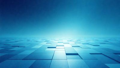 The primary subject of the image is a blue, square-shaped pattern. The setting is a blue sky, and the visual style appears to be a digital art or illustration. The dominant colors are blue and white, creating a calm and serene atmosphere.