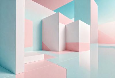 The primary subject of the image is a white building with a pink and blue background. The setting is a room with a white wall and a pink and blue floor. The visual style is a combination of digital art and illustration, creating a unique and artistic representation of the building. The colors and mood of the image are predominantly pink and blue, giving it a vibrant and lively atmosphere.