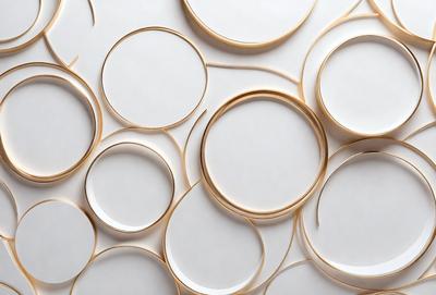 The primary subject of the image is a collection of white plates with gold trim. These plates are arranged in a visually appealing manner, creating a sense of harmony and balance. The setting is a white background, which provides a clean and minimalist look to the scene. The visual style of the image is a combination of photo and digital art, as the plates are displayed in a way that resembles a pattern or texture. The colors and mood of the image are predominantly white and gold, giving it a