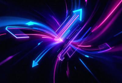 The primary subject of the image is a brightly colored, abstract design featuring a large T shape. The setting is a dark background, which contrasts with the vibrant colors of the T shape. The visual style appears to be a combination of digital art and illustration, creating a dynamic and eye-catching pattern. The dominant colors are pink, blue, and purple, giving the image a lively and energetic atmosphere.