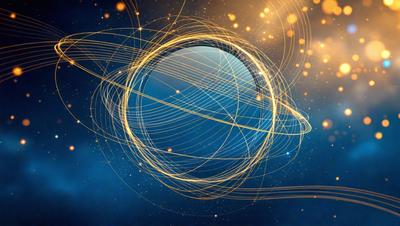 The primary subject of the image is a blue planet with a yellow ring around it. The setting is a dark background, which contrasts with the bright colors of the planet and its ring. The visual style is a combination of digital art and illustration, creating a unique and eye-catching representation of the planet. The colors and mood of the image are vibrant and energetic, with the blue planet and yellow ring standing out against the dark background.