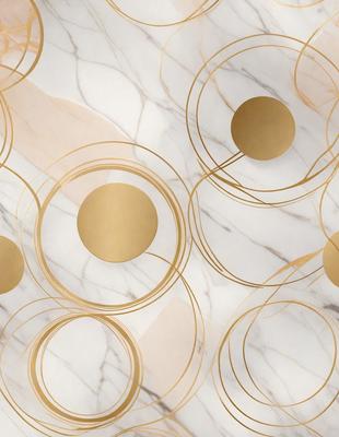 The primary subject of the image is a pattern of circles, which are arranged in a circular fashion. The setting is a marble surface, and the visual style appears to be a combination of photo and digital art. The circles are arranged in a way that creates a visually appealing and cohesive pattern. The dominant colors in the image are gold and white, giving the pattern a warm and elegant appearance.