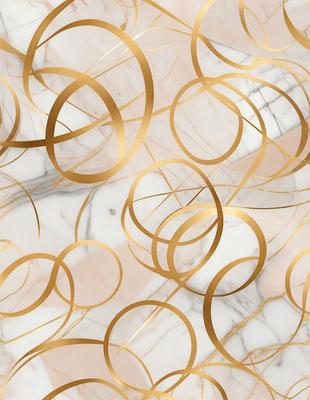 The primary subject of the image is a pattern of gold circles on a marble surface. The setting is a marble countertop, and the visual style is a combination of a photo and digital art. The dominant colors are gold and white, creating a warm and elegant atmosphere.