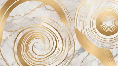 The primary subject of the image is a gold and white marble design. The setting is a marble surface, and the visual style appears to be a combination of digital art and illustration. The dominant colors are gold and white, creating a luxurious and elegant atmosphere.