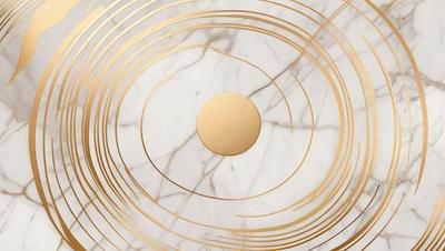 The primary subject of the image is a gold circle, which is placed on a marble surface. The setting is a white marble table, and the visual style appears to be a combination of a photo and digital art. The colors in the image are predominantly white and gold, creating a sense of elegance and sophistication.