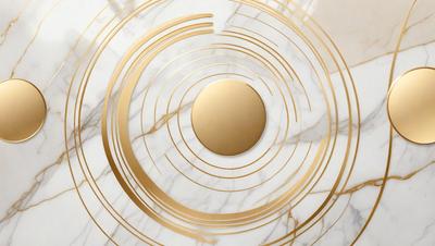 The primary subject of the image is a gold circle, which is the main object, scene, or focus of the image. The setting is a marble surface, and the visual style appears to be a combination of photo and digital art. The colors and mood of the image are predominantly gold and white, creating a sense of elegance and sophistication.