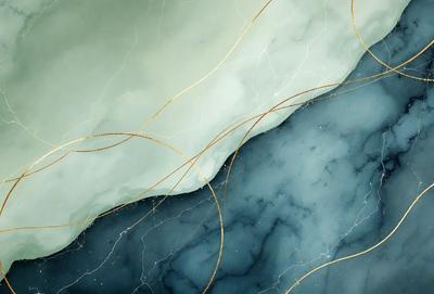 The primary subject of the image is a blue and white marble surface with a pattern of gold lines. The setting is a rocky environment, and the visual style appears to be a combination of a photo and digital art. The dominant colors are blue and white, with the gold lines adding a touch of warmth to the overall atmosphere.