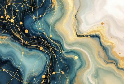 The primary subject of the image is a painting featuring a blue and gold color scheme. The setting is a canvas, and the visual style is a combination of digital art and illustration. The painting has a vibrant and lively atmosphere, with gold and blue colors dominating the scene.