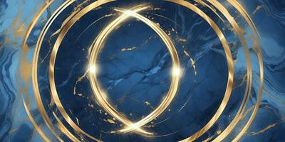 The primary subject of the image is a gold circle with a blue background. The circle is illuminated by a bright light, giving it a glowing appearance. The setting is a marble surface, which adds to the overall visual style of the image. The colors and mood of the image are predominantly gold and blue, creating a sense of warmth and tranquility.