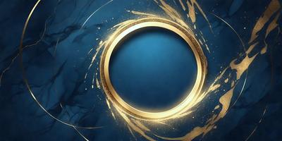 The primary subject of the image is a large, golden circle with a blue background. The circle appears to be a part of a larger design, possibly a logo or an artistic piece. The setting is a blue background, which contrasts with the golden circle, creating a visually striking composition. The visual style of the image is a combination of digital art and illustration, as it features a detailed and intricate design. The colors and mood of the image are predominantly blue and gold, giving it a sense of elegance and