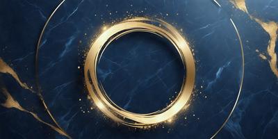 The primary subject of the image is a gold circle with a blue background. The circle is the main object, and it appears to be a digital art or illustration. The setting is a blue surface, and the visual style gives the impression of a modern and sophisticated design. The colors and mood of the image are predominantly blue and gold, creating a sense of elegance and luxury.